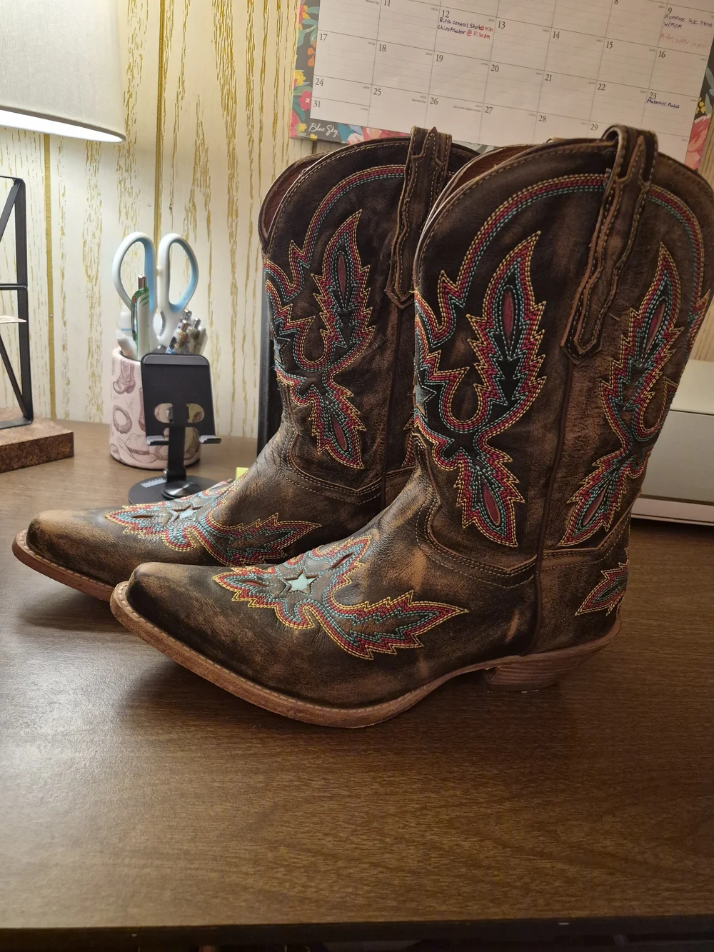 Dan Post Brown Leather Western Heeled Boots with Multicolor Embroidery - Picture 3 of 6